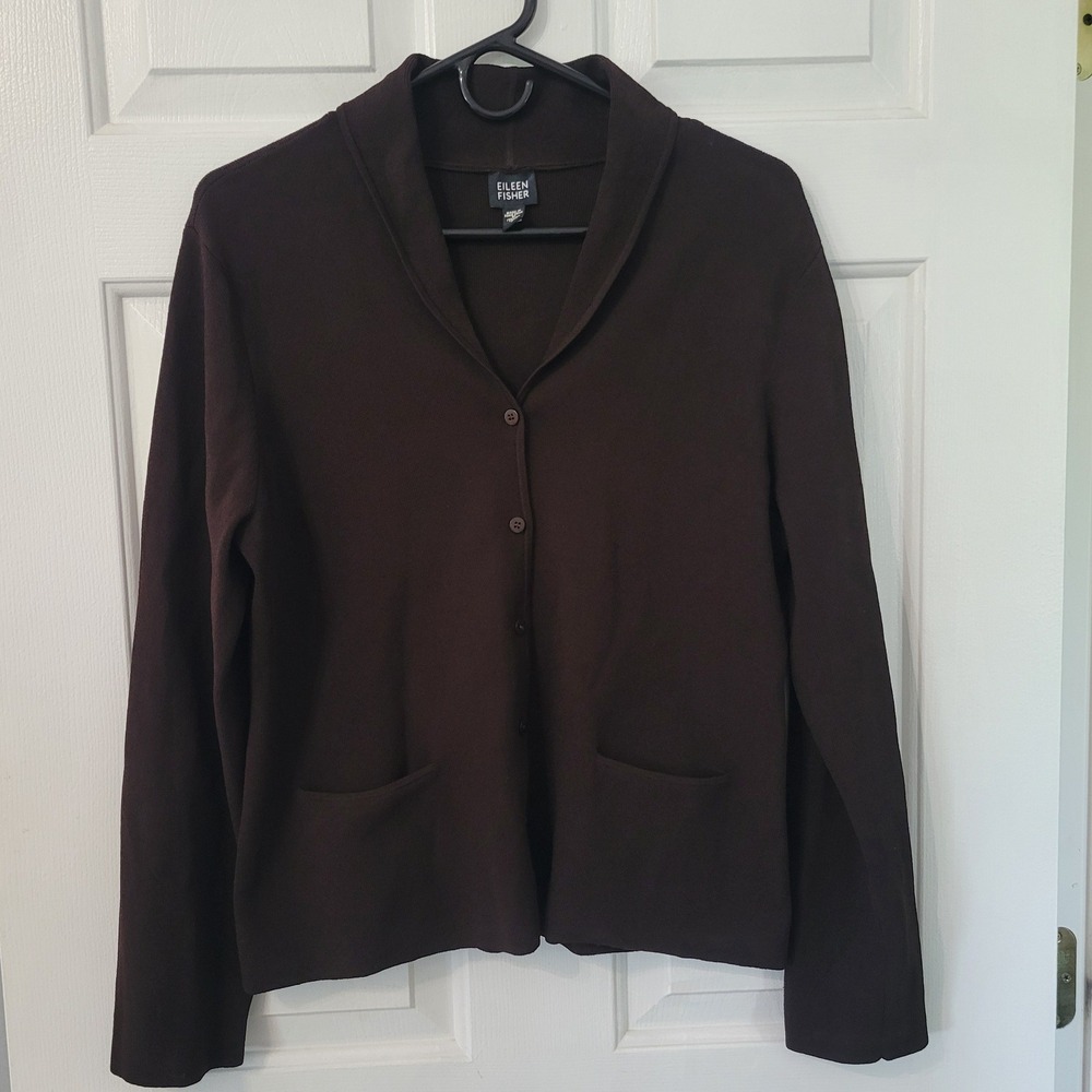 Eileen Fisher Button Cardigan Sweater Womens Large Brown Shawl Collar‎ Knit